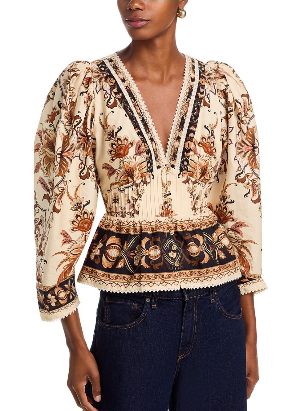 NWT Farm Rio Majestic Garden Lace Puff Sleeve 100% Cotton Top Size M